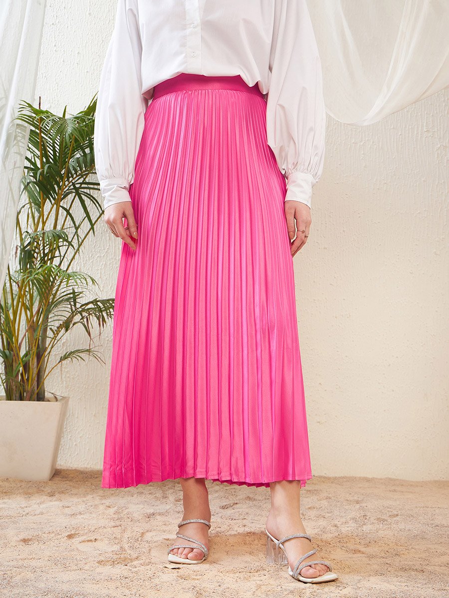 Pleated A-Line Satin Maxi Skirt