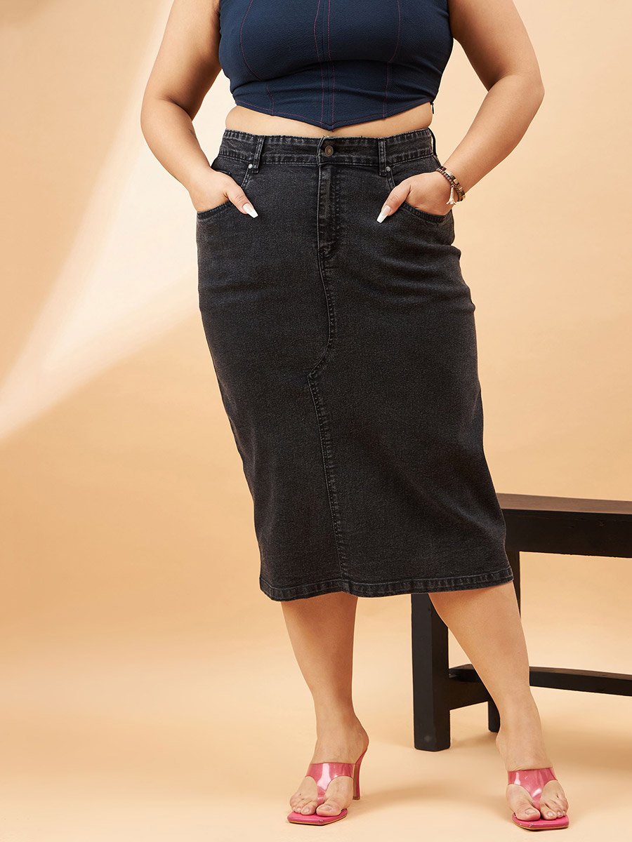 Plus High Rise Denim Skirt with Belt Loops