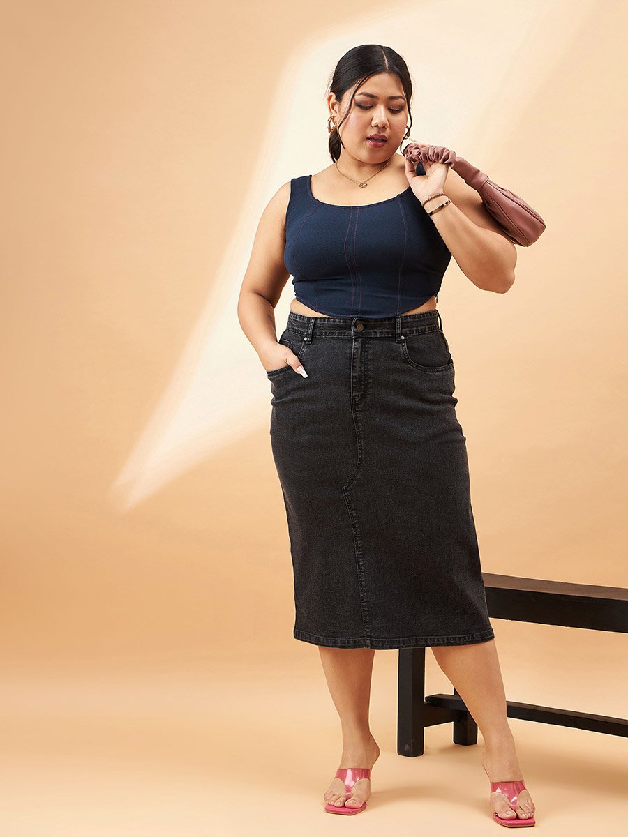 Plus High Rise Denim Skirt with Belt Loops