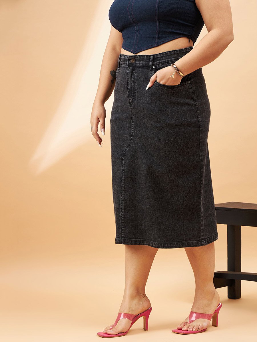 Plus High Rise Denim Skirt with Belt Loops