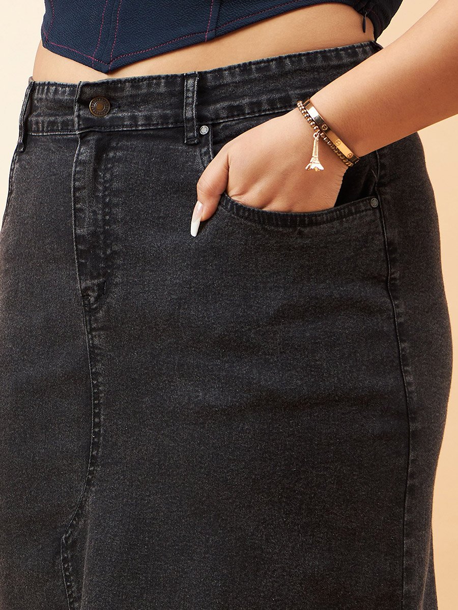 Plus High Rise Denim Skirt with Belt Loops