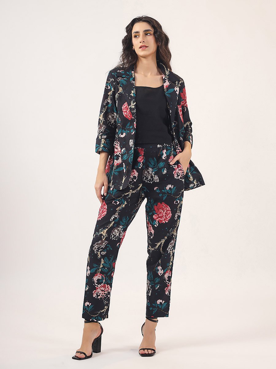 Pack of 3 - All Over Floral Print Front Open Blazer- Trousers and Solid Cami Co-Ords