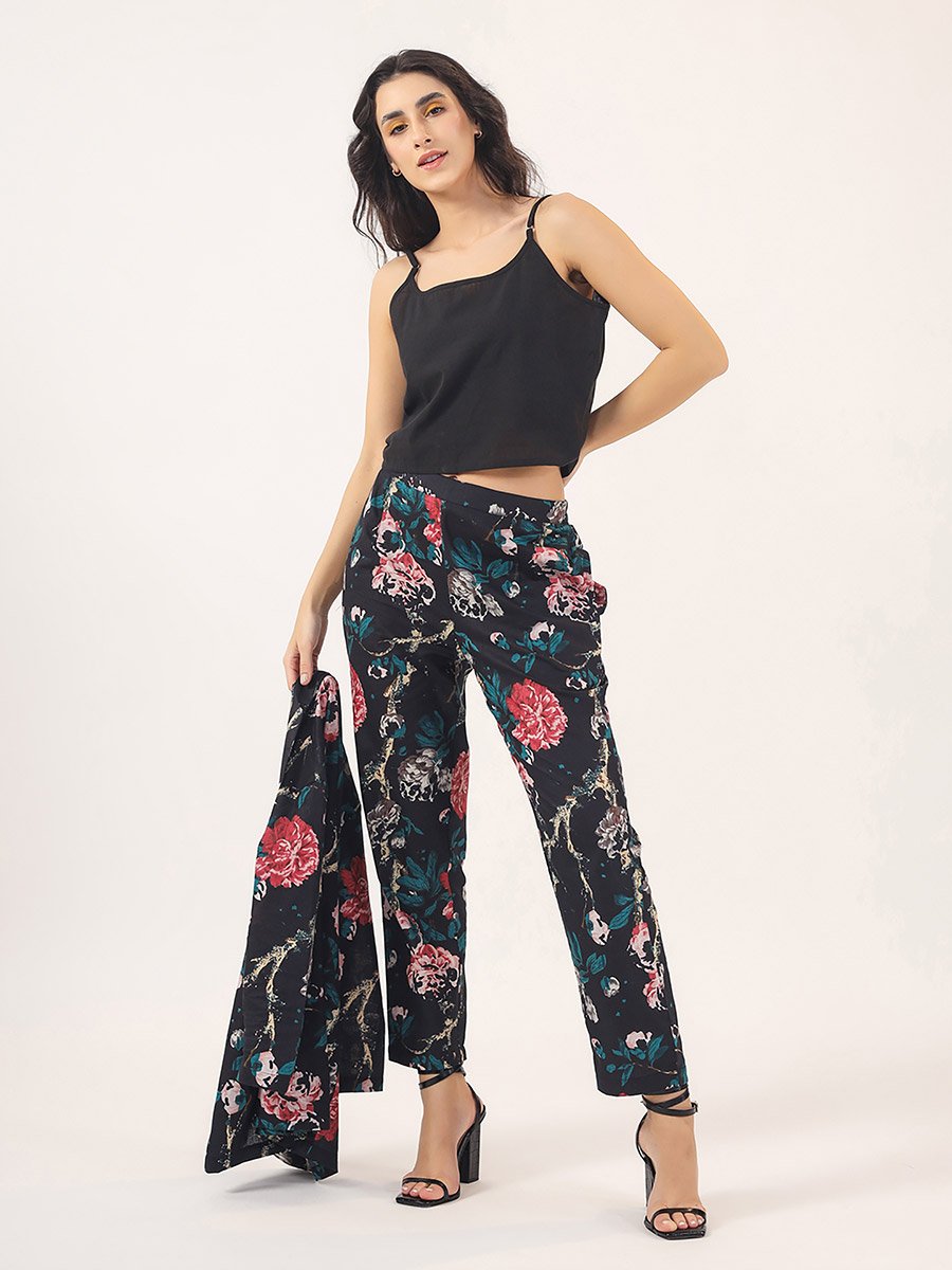 Pack of 3 - All Over Floral Print Front Open Blazer- Trousers and Solid Cami Co-Ords