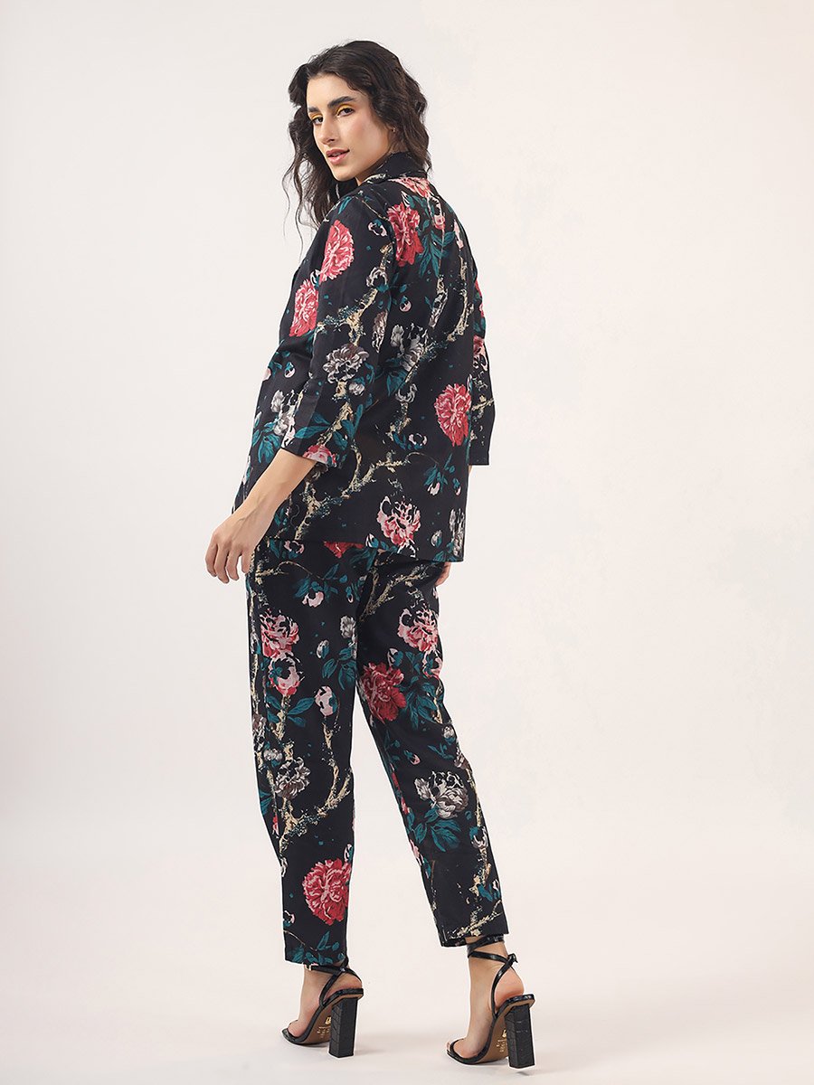 Pack of 3 - All Over Floral Print Front Open Blazer- Trousers and Solid Cami Co-Ords