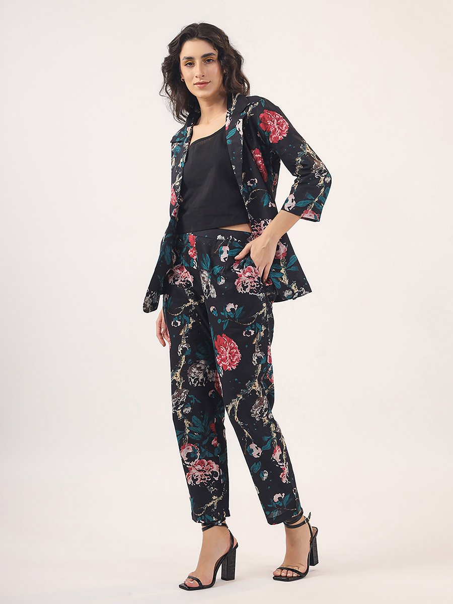 Pack of 3 - All Over Floral Print Front Open Blazer- Trousers and Solid Cami Co-Ords