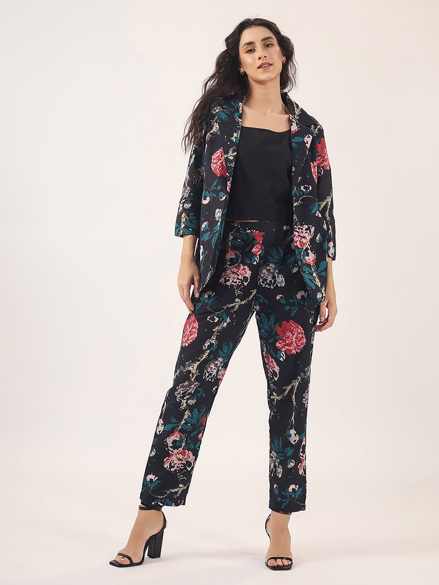 Pack of 3 - All Over Floral Print Front Open Blazer- Trousers and Solid Cami Co-Ords