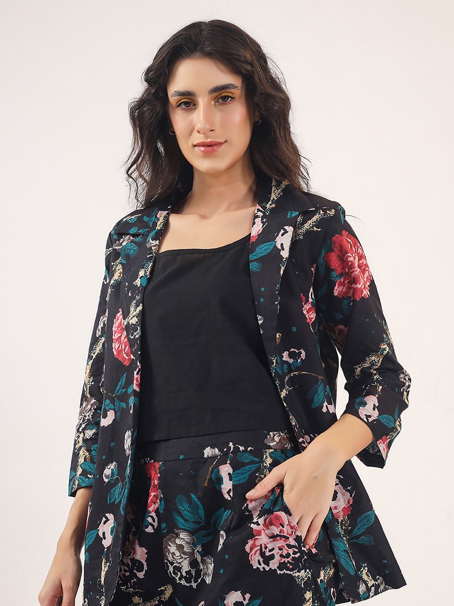 Pack of 3 - All Over Floral Print Front Open Blazer- Trousers and Solid Cami Co-Ords