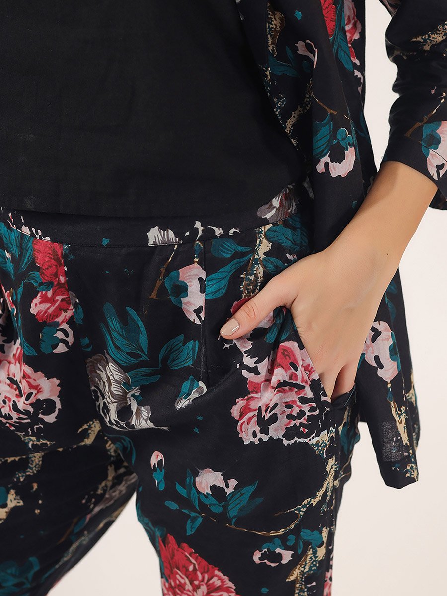 Pack of 3 - All Over Floral Print Front Open Blazer- Trousers and Solid Cami Co-Ords
