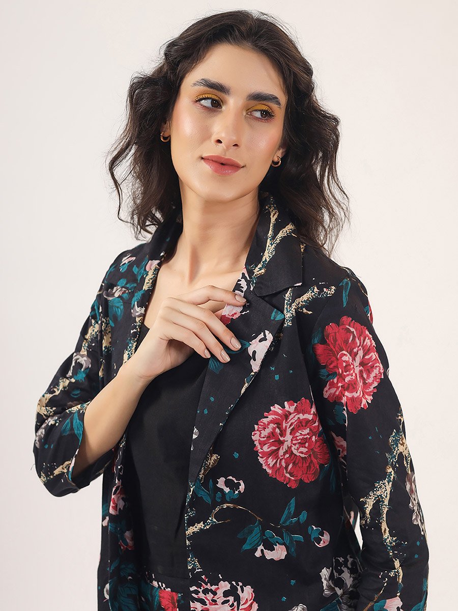 Pack of 3 - All Over Floral Print Front Open Blazer- Trousers and Solid Cami Co-Ords