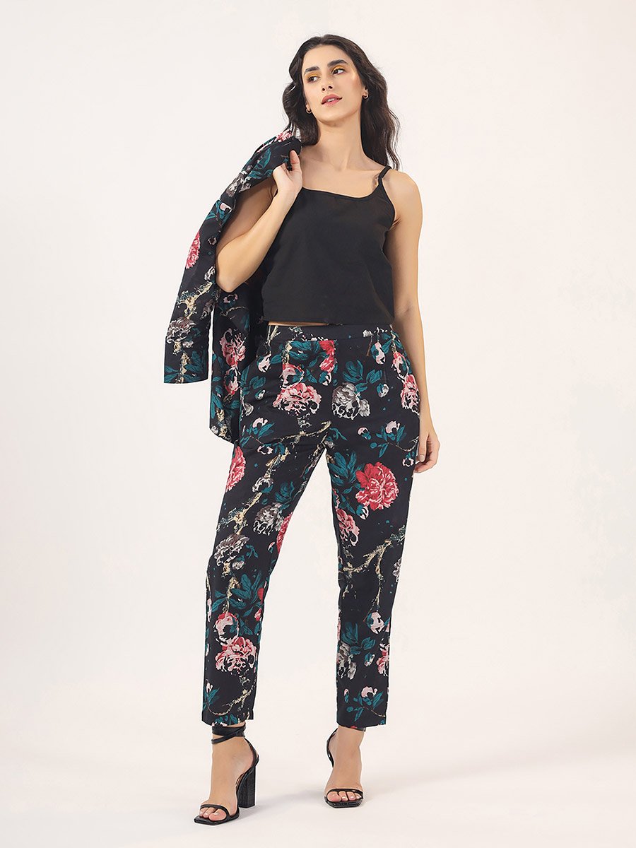 Pack of 3 - All Over Floral Print Front Open Blazer- Trousers and Solid Cami Co-Ords