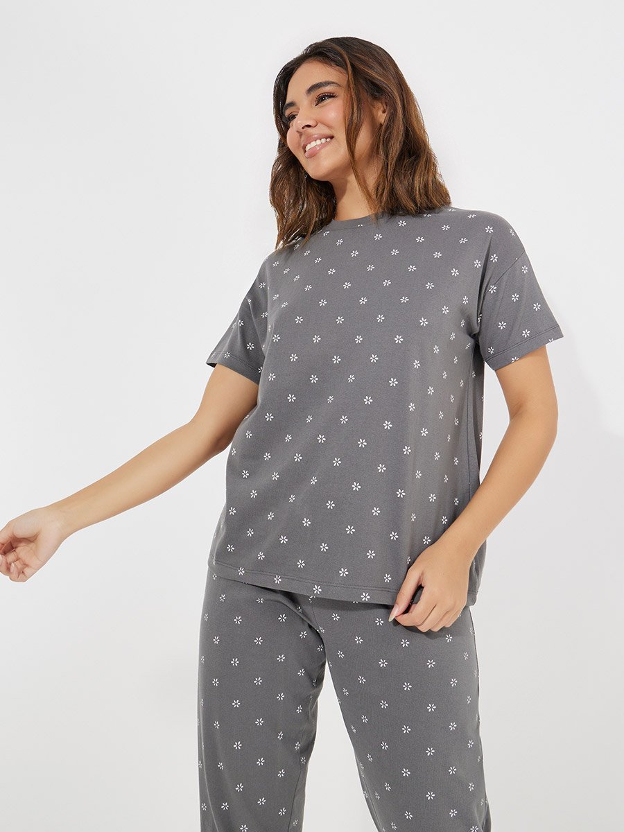 All Over Print Floral T-Shirt and Cuffed Pyjama Set