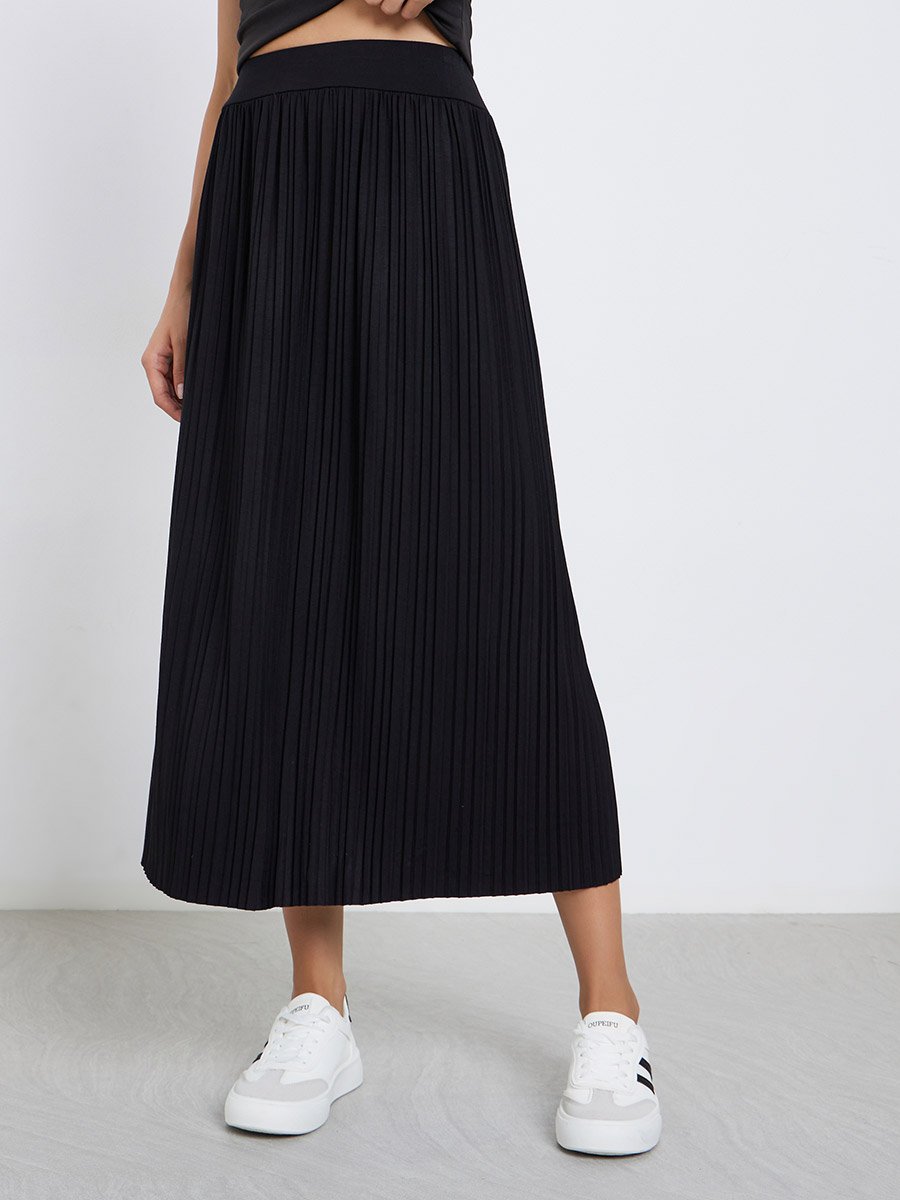 Solid Plisse Detail Elastic Waistband Midi Skirt