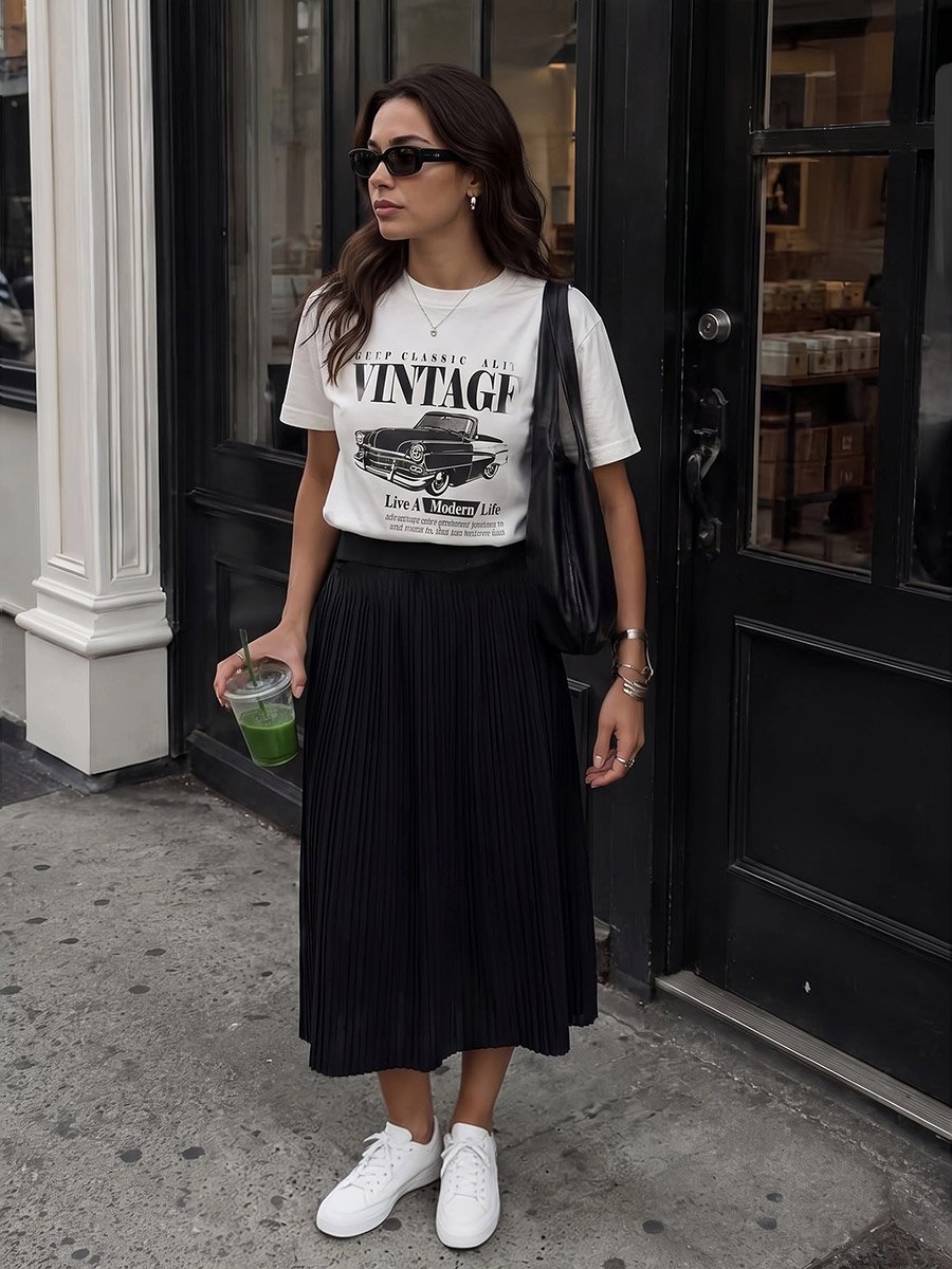 Solid Plisse Detail Elastic Waistband Midi Skirt