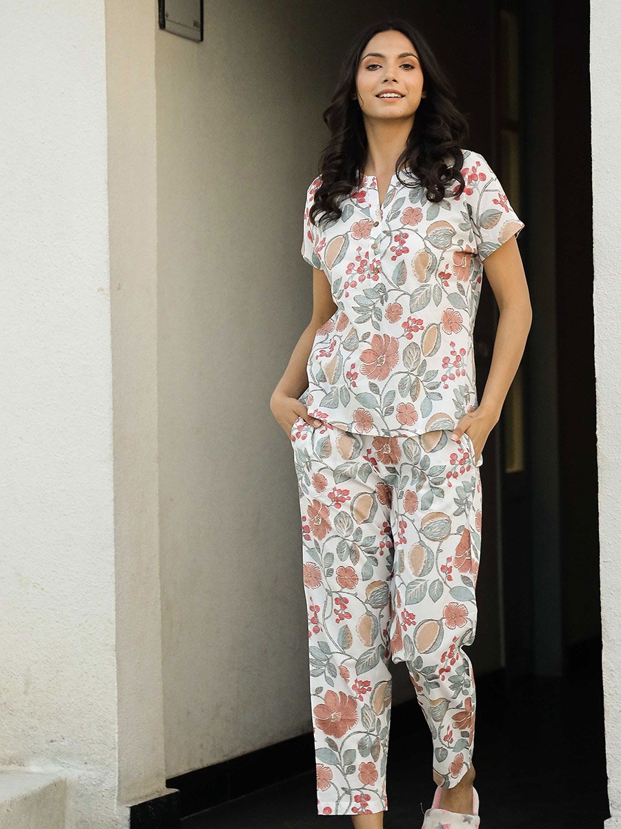 Floral Print Mandarin Collar Cotton Shirt and Pyjama Set