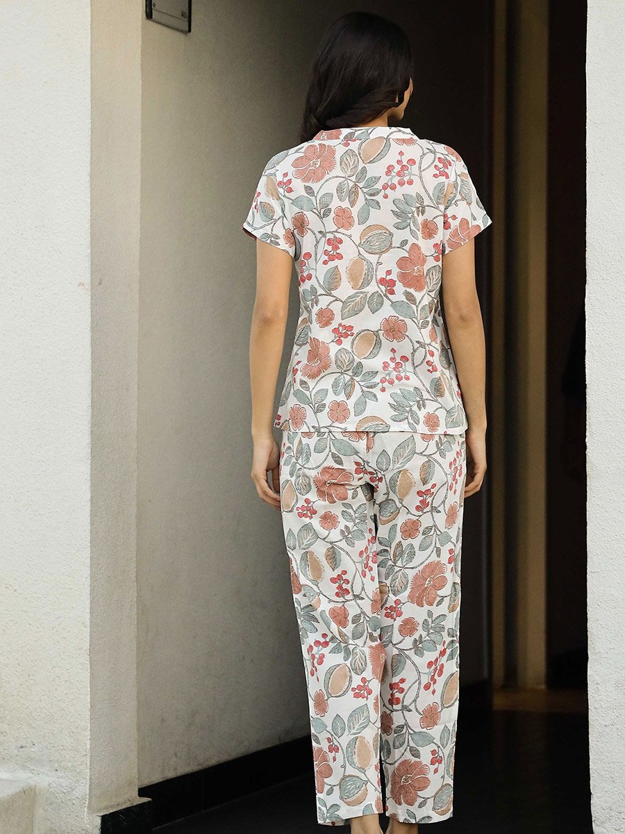 Floral Print Mandarin Collar Cotton Shirt and Pyjama Set