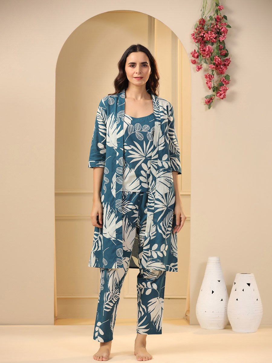 Pack of 3 - Cotton Floral Cami- Pyjama and Robe