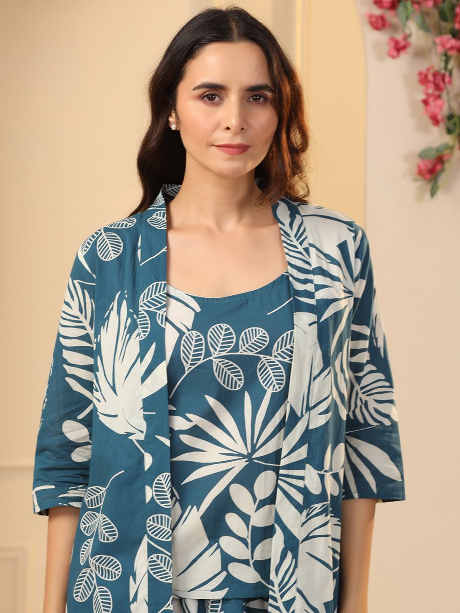 Pack of 3 - Cotton Floral Cami- Pyjama and Robe