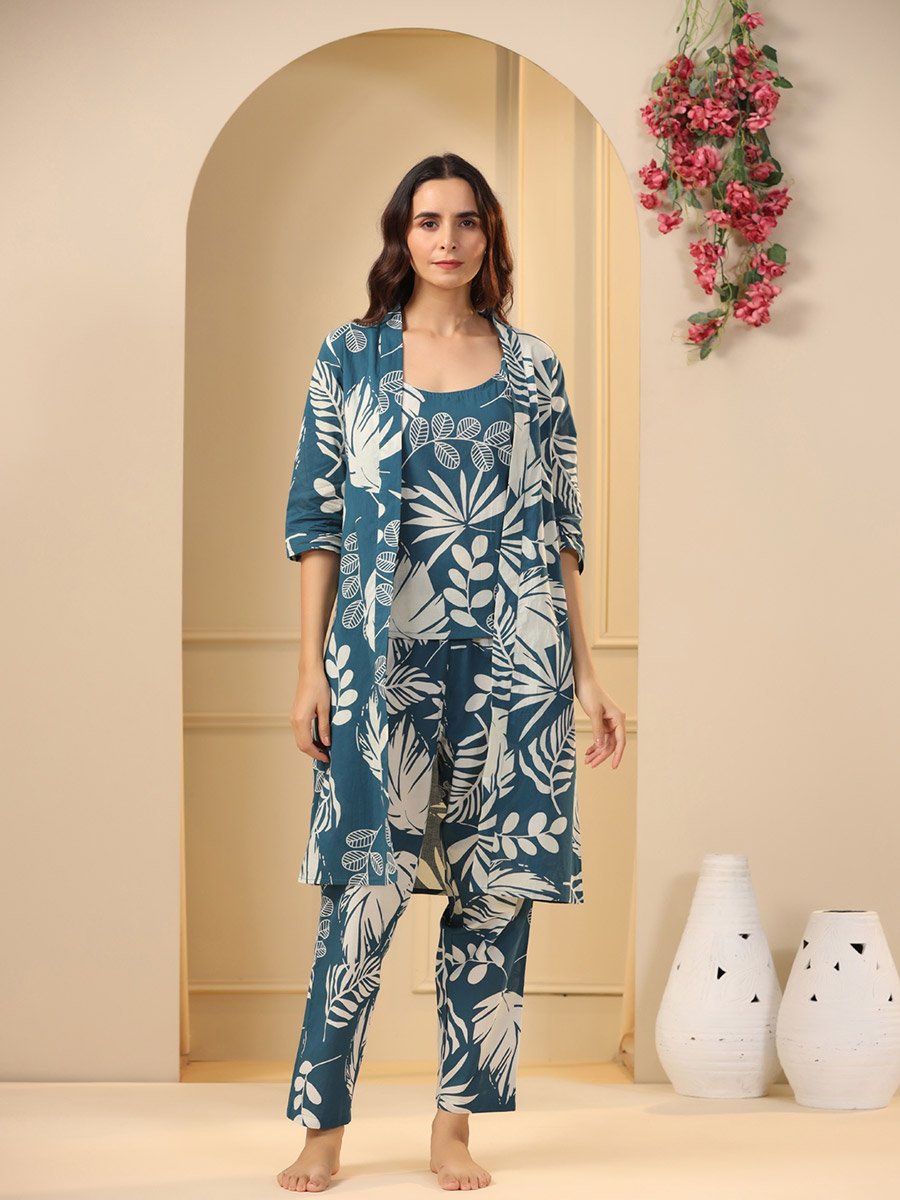 Pack of 3 - Cotton Floral Cami- Pyjama and Robe