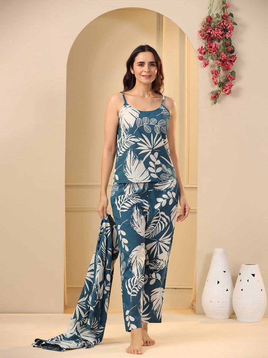 Pack of 3 - Cotton Floral Cami- Pyjama and Robe
