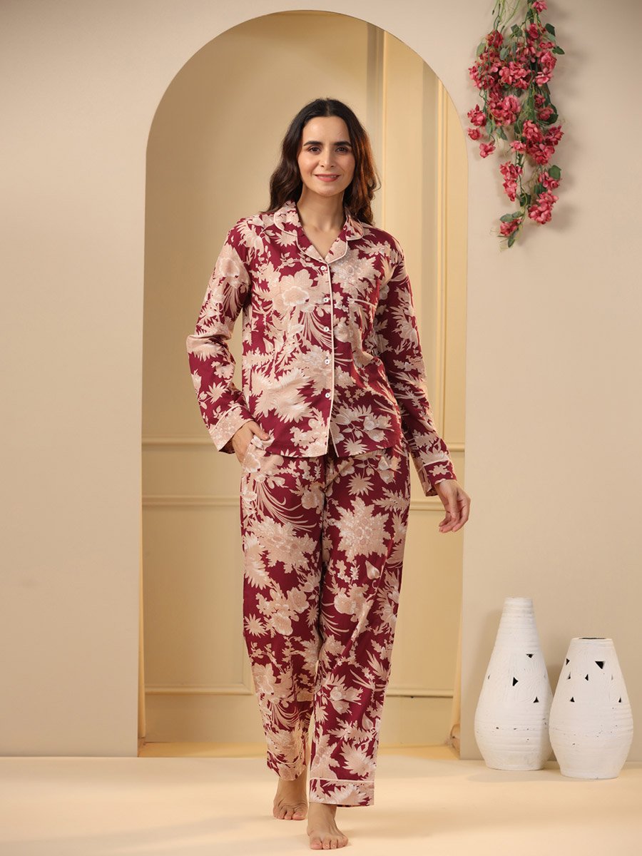 Cotton Floral Pocket Detail Shirt and Pyjama Set