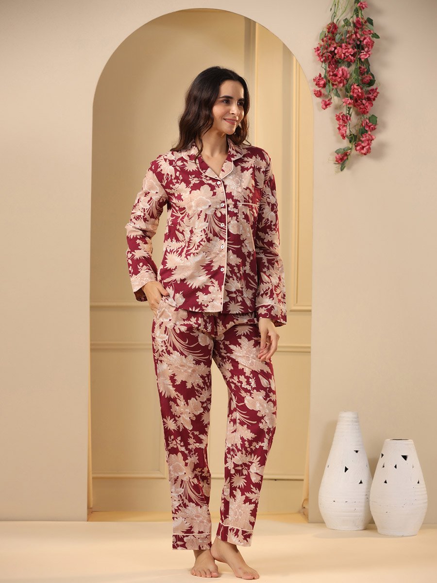 Cotton Floral Pocket Detail Shirt and Pyjama Set