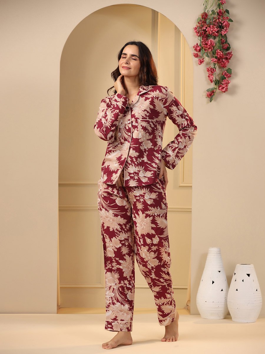 Cotton Floral Pocket Detail Shirt and Pyjama Set