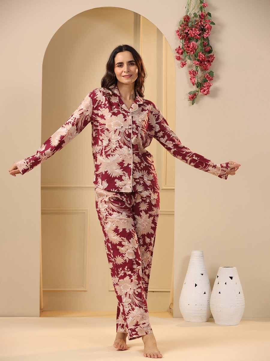 Cotton Floral Pocket Detail Shirt and Pyjama Set