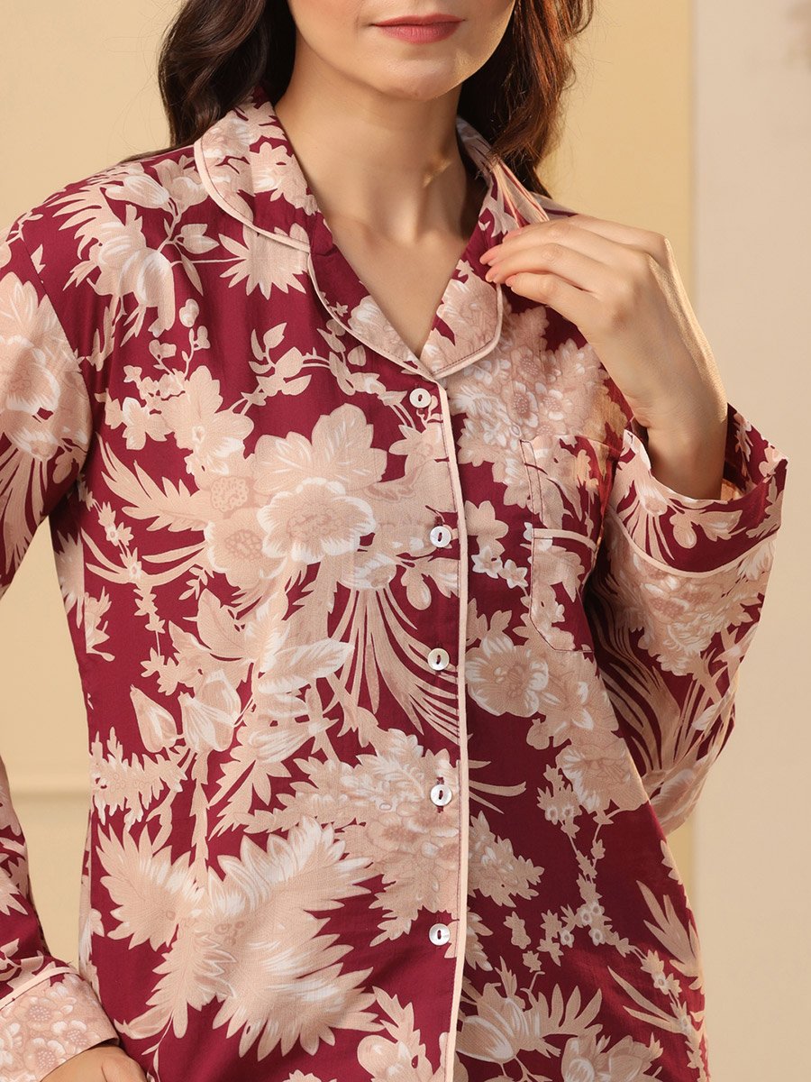 Cotton Floral Pocket Detail Shirt and Pyjama Set