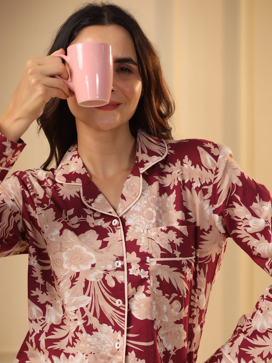 Cotton Floral Pocket Detail Shirt and Pyjama Set