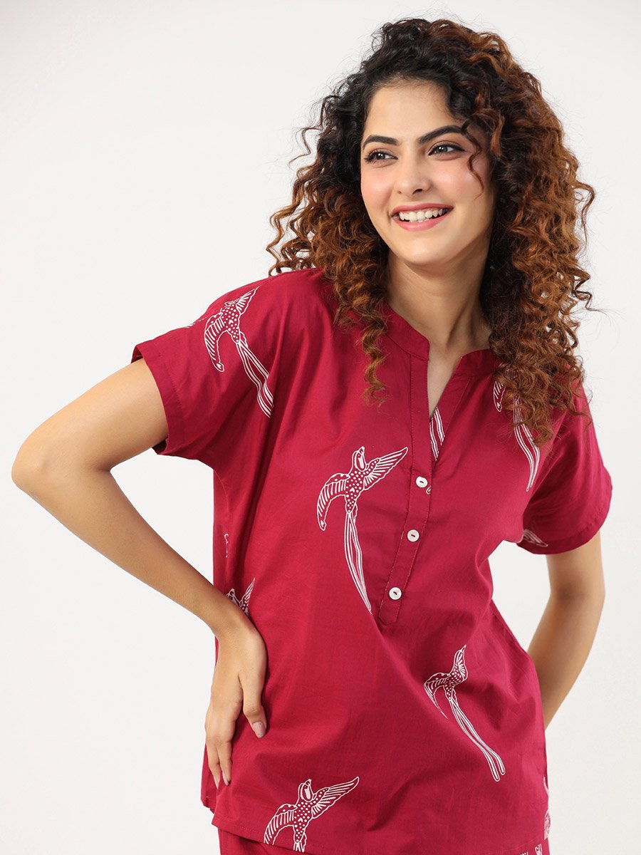 Cotton Bird Print Top and Pyjama Set