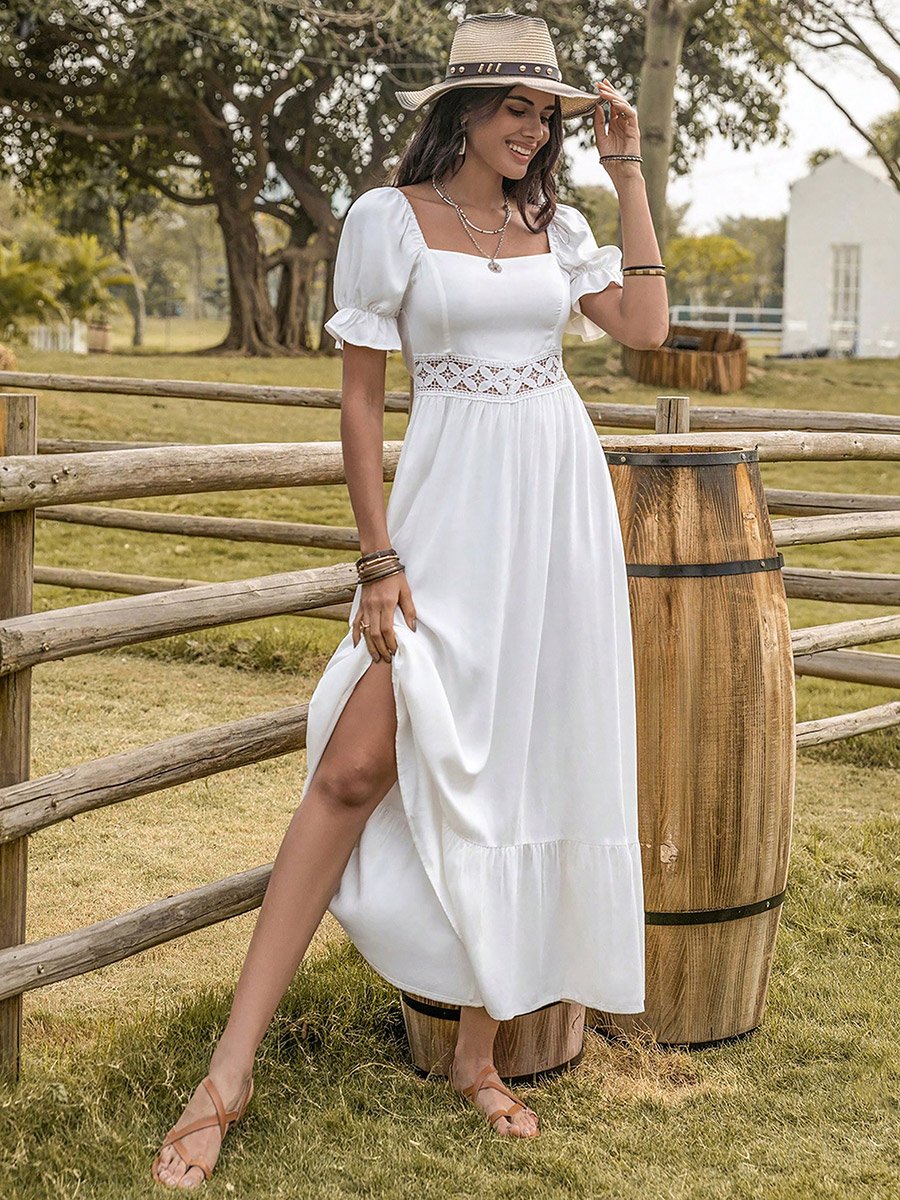 Lace Insert Square Neck Maxi Dress with Puff Sleeve