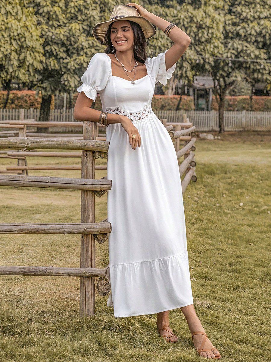 Lace Insert Square Neck Maxi Dress with Puff Sleeve For Women at
