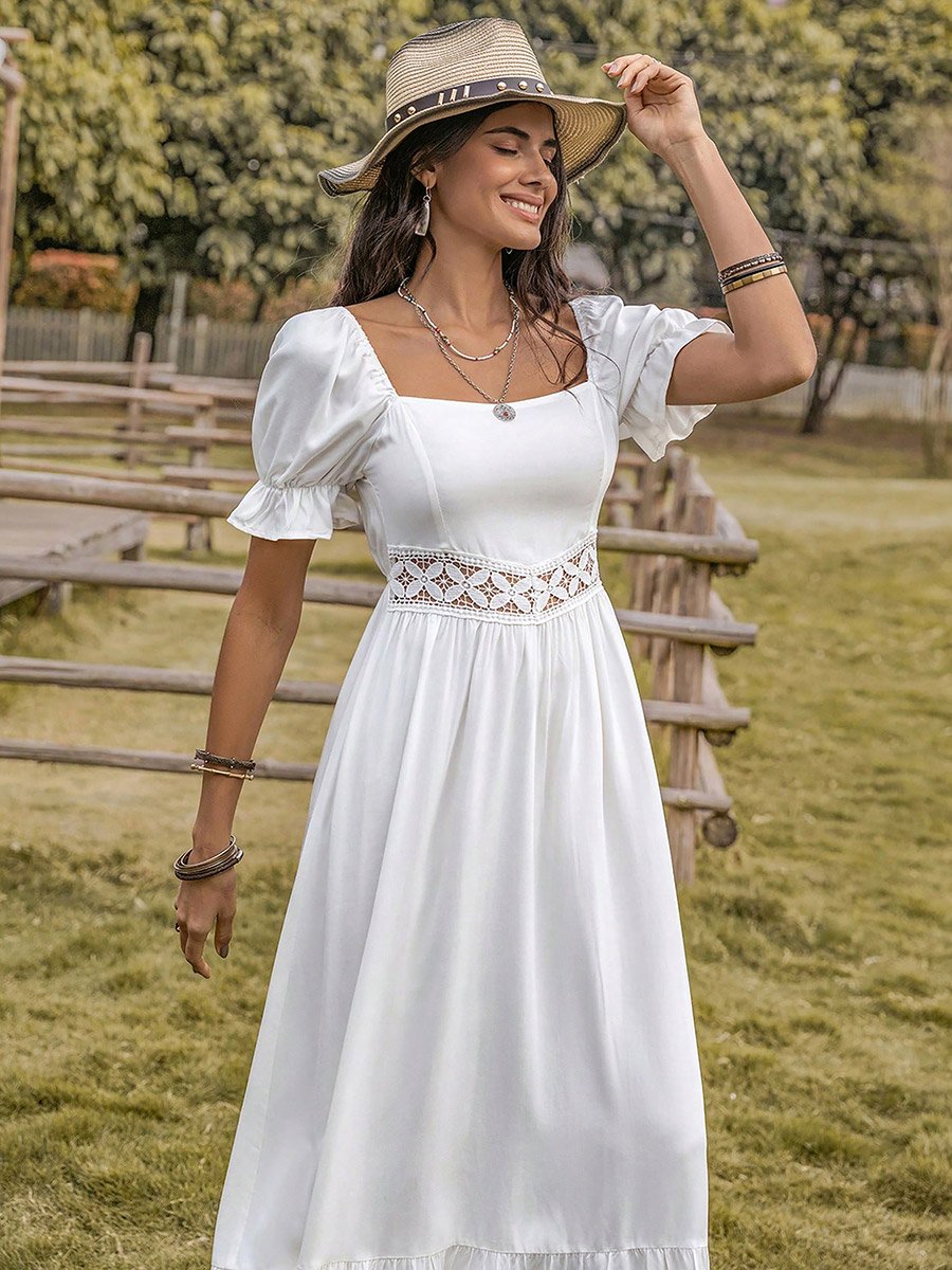 Lace Insert Square Neck Maxi Dress with Puff Sleeve
