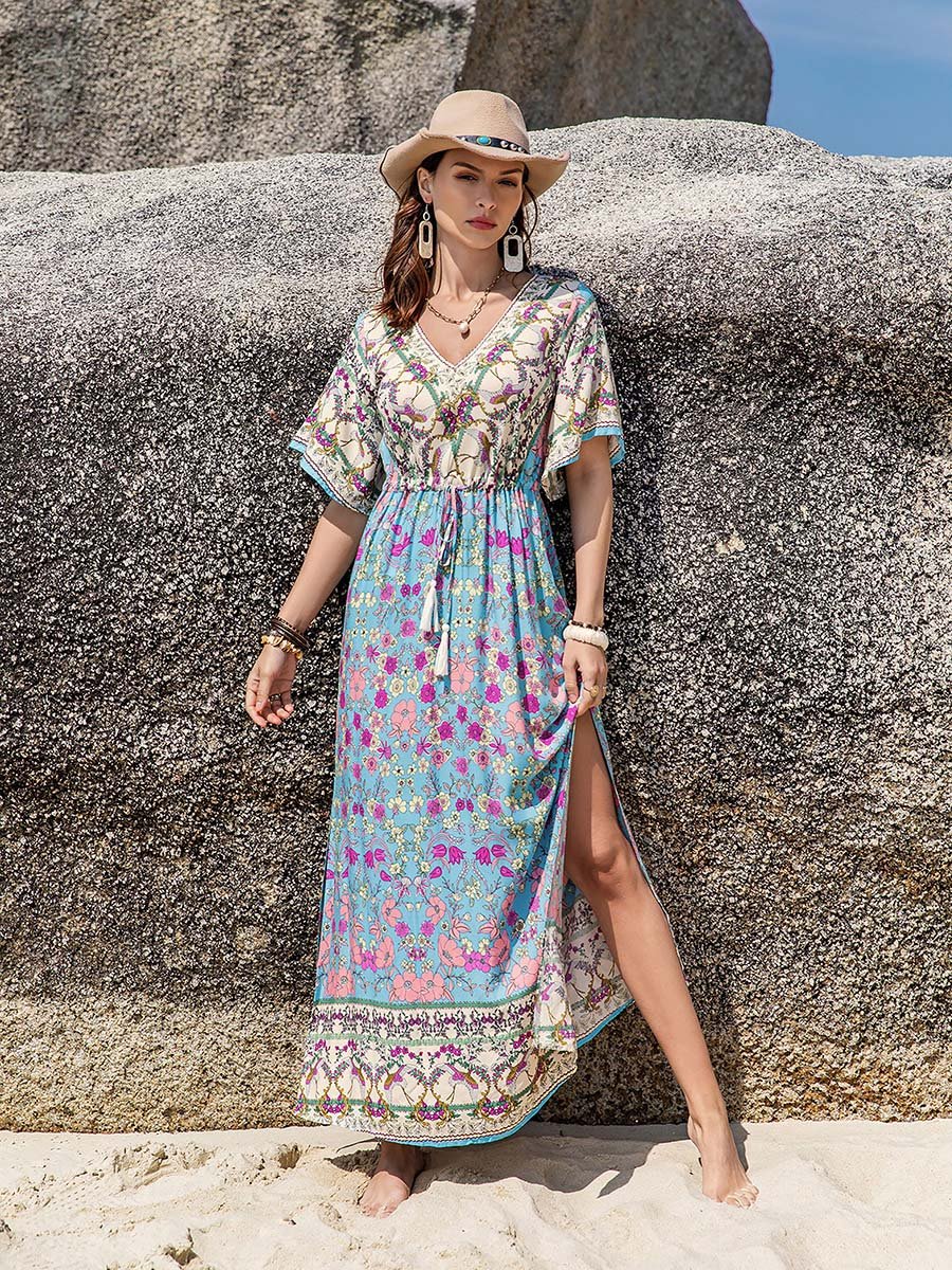 Floral Print V Neck Maxi Dress with Side Slit