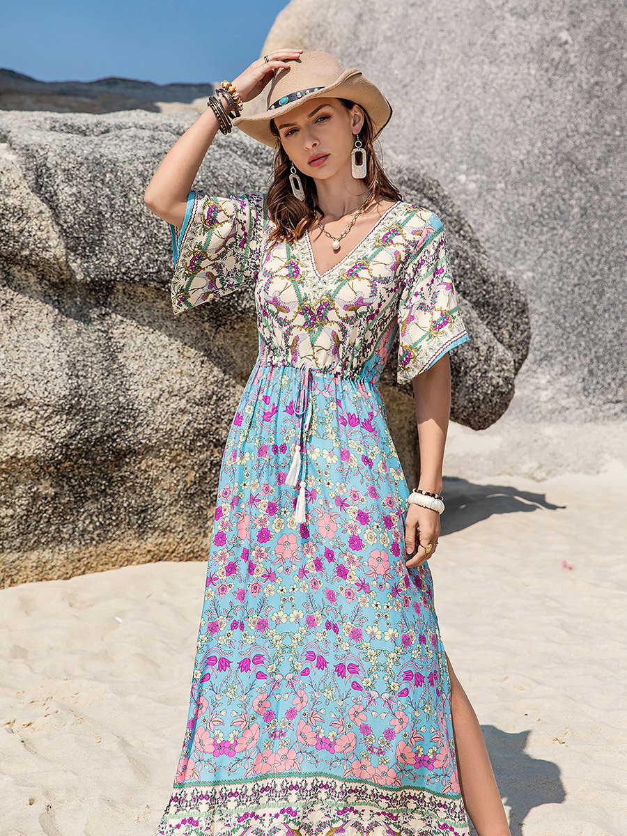 Floral Print V Neck Maxi Dress with Side Slit