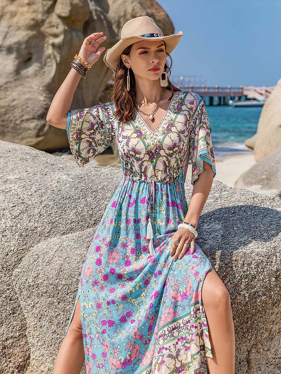 Floral Print V Neck Maxi Dress with Side Slit