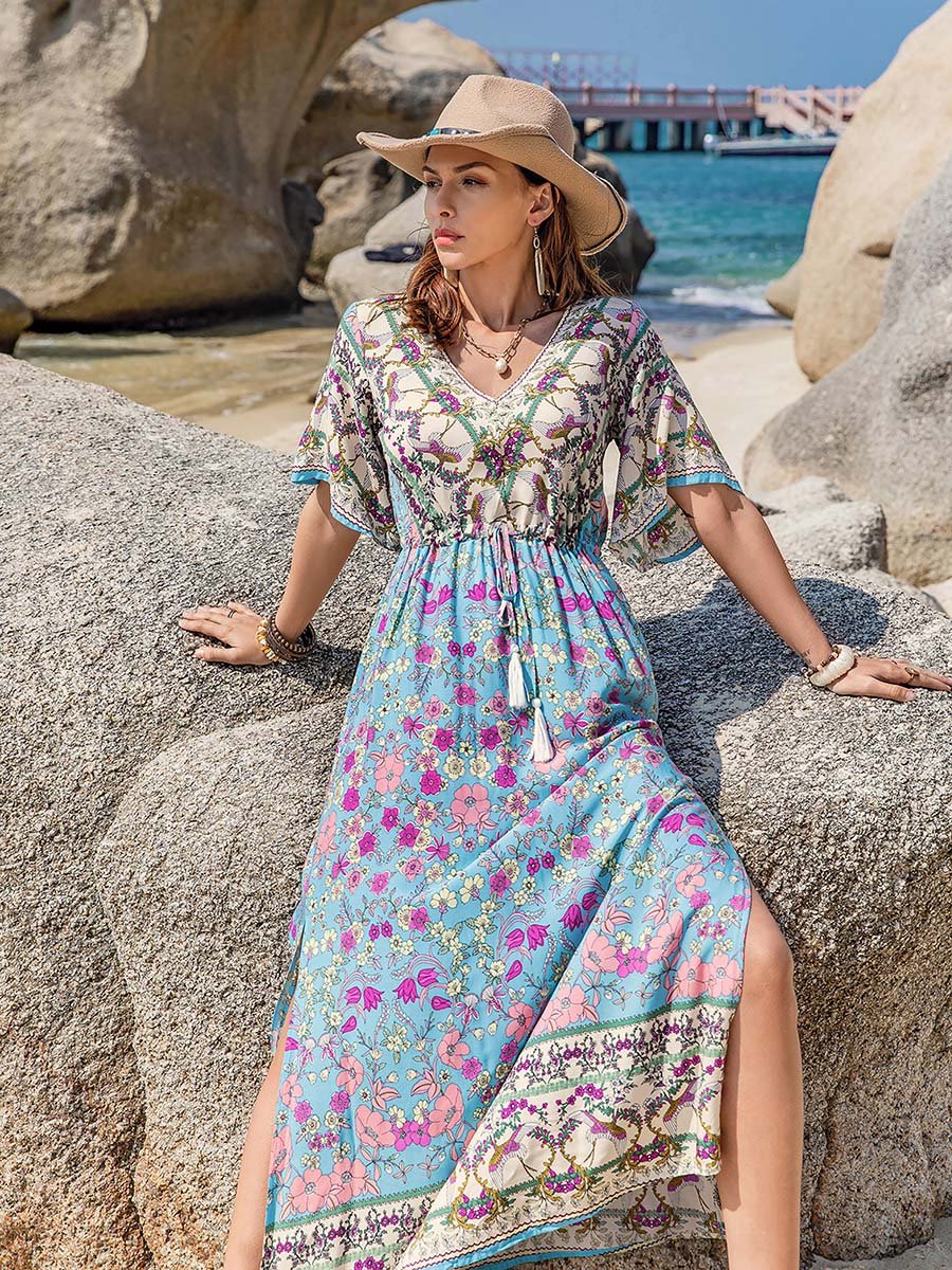 Floral Print V Neck Maxi Dress with Side Slit