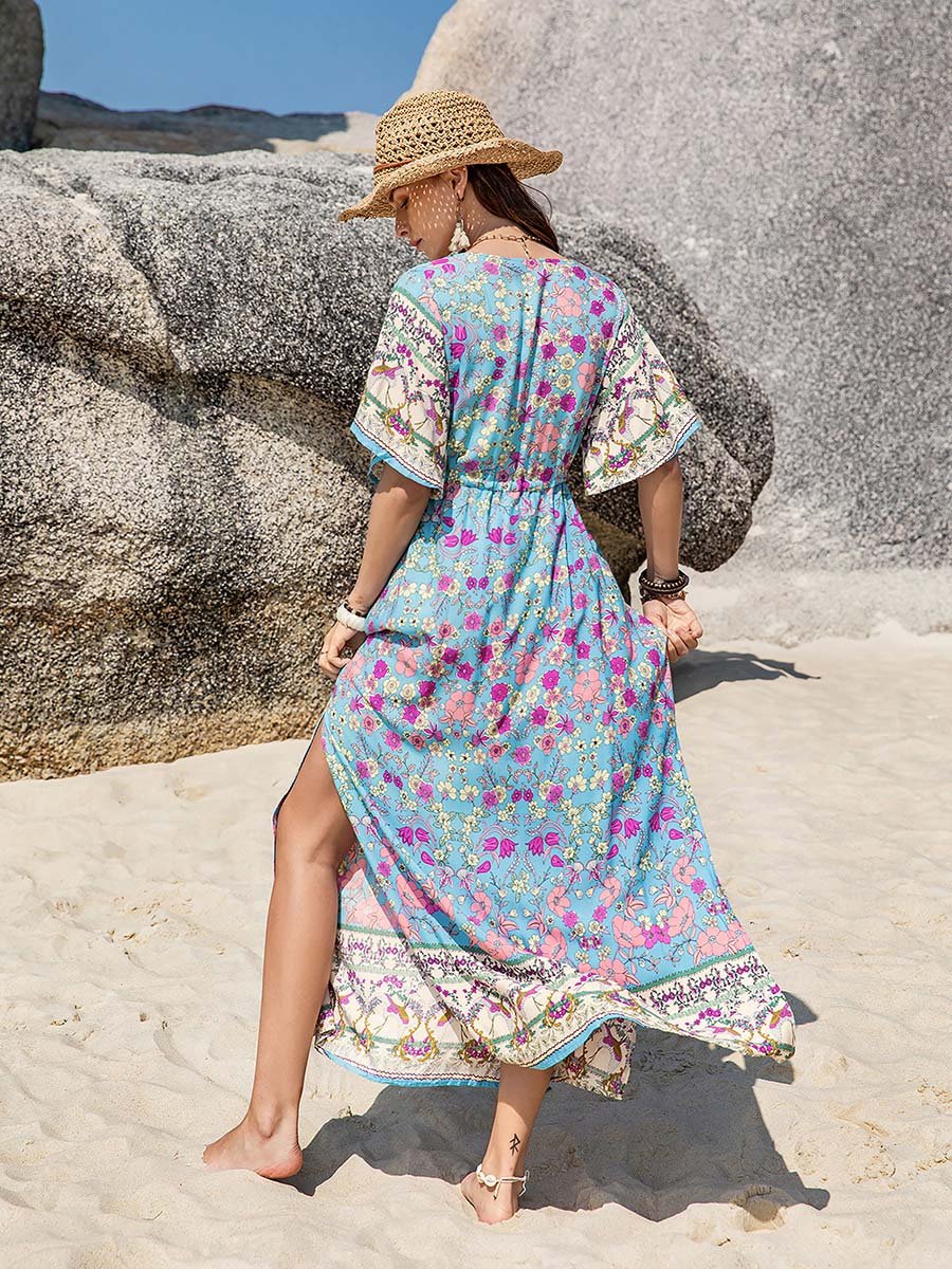 Floral Print V Neck Maxi Dress with Side Slit