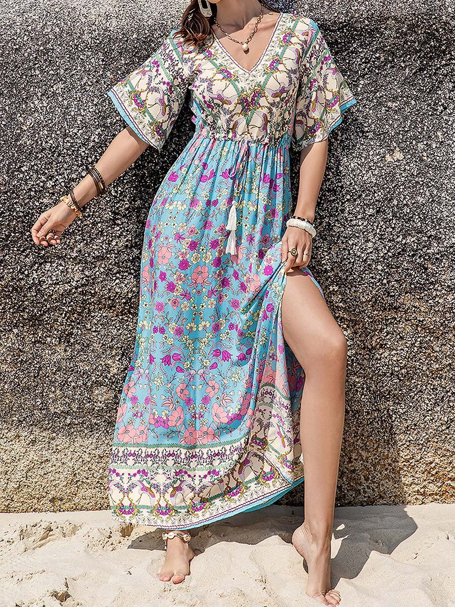 Floral Print V Neck Maxi Dress with Side Slit