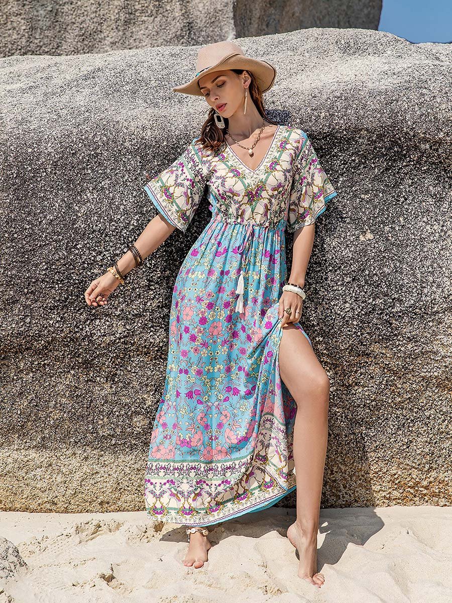 Floral Print V Neck Maxi Dress with Side Slit