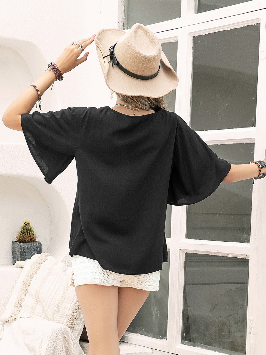 Embroidery Detail Tie-Up Neck Blouse