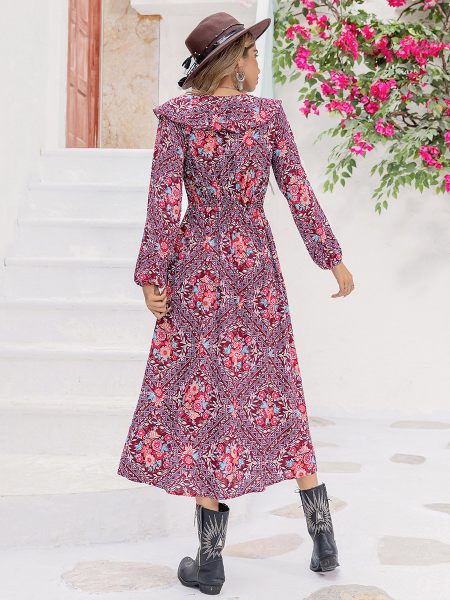 Floral Print A-Line Midi Dress with Front Split