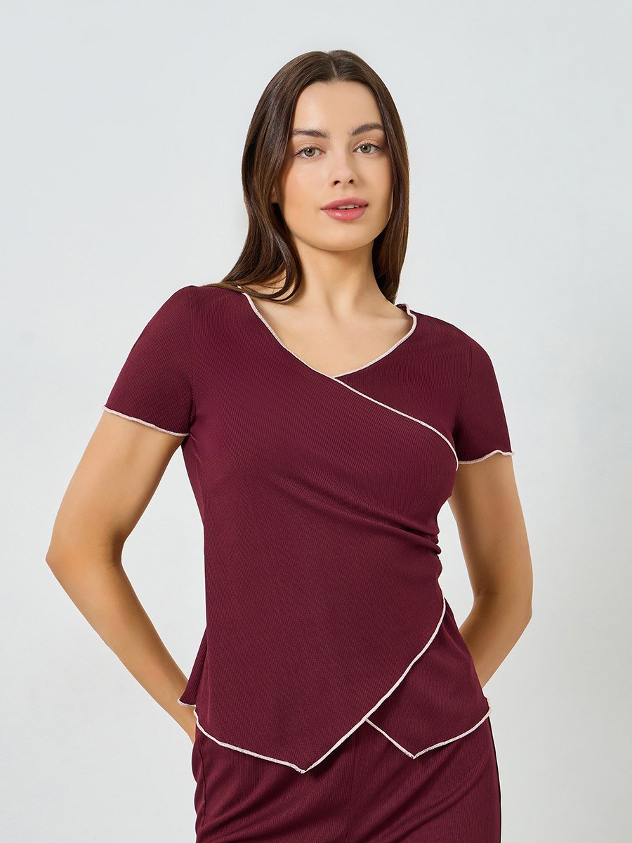 Mono Contrast Edge Rib Wrap Over T-Shirt and Pyjama Set
