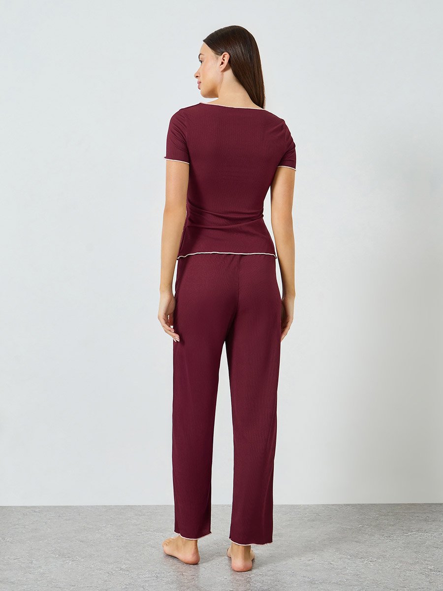 Mono Contrast Edge Rib Wrap Over T-Shirt and Pyjama Set