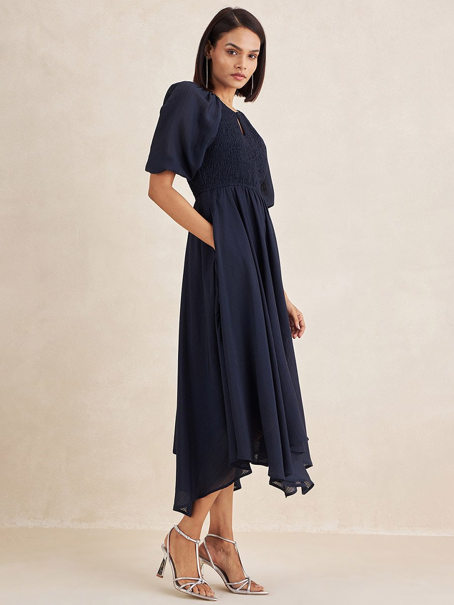 Asymmetric Hem Smocked Midi Dress For Women at Kuwait