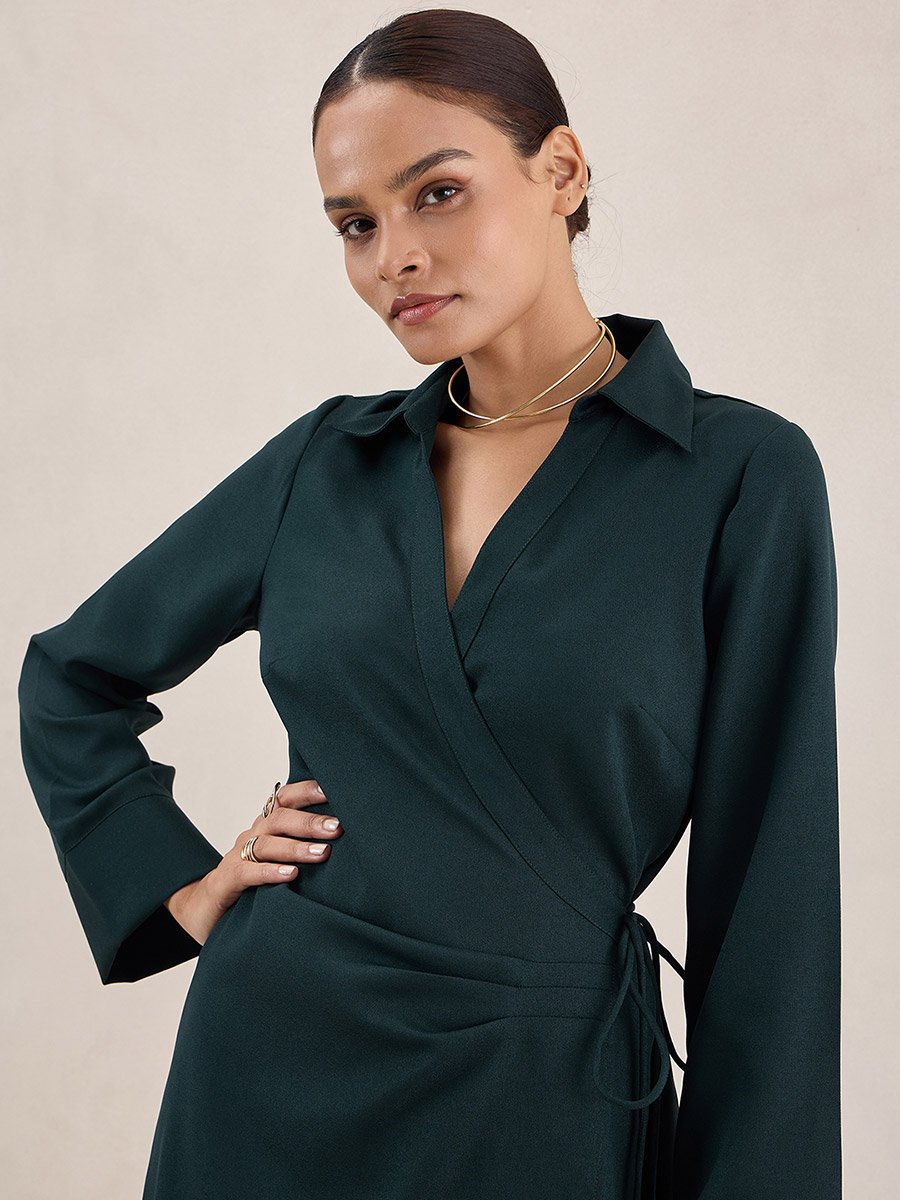 collared wrap midi dress Jluxlabel Women's Skyline Wrap Midi Dress