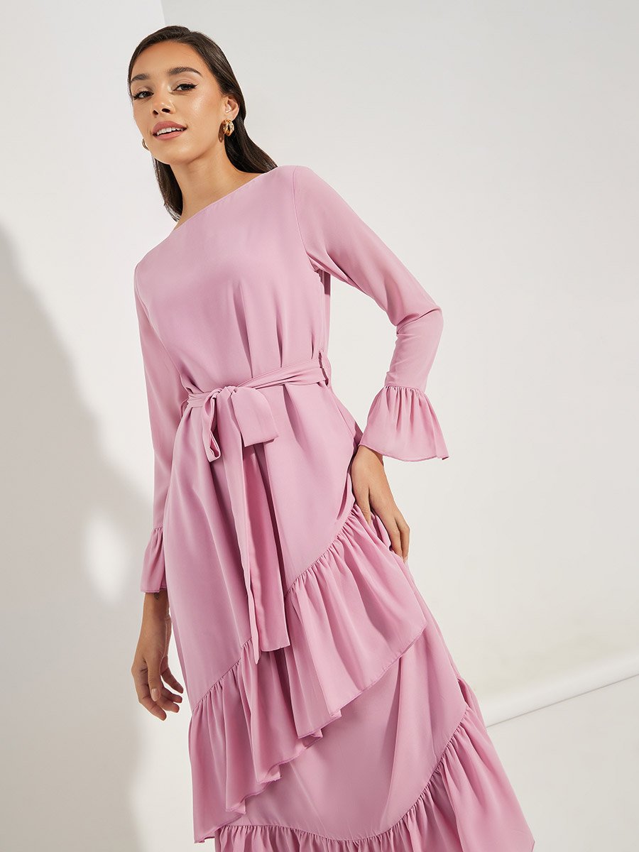 Asymmetric Overlay Ruffled Midi Dress For Women at Kuwait | Styli Asymmetric Overlay Ruffled Midi Dress For Women at Kuwait | Styli