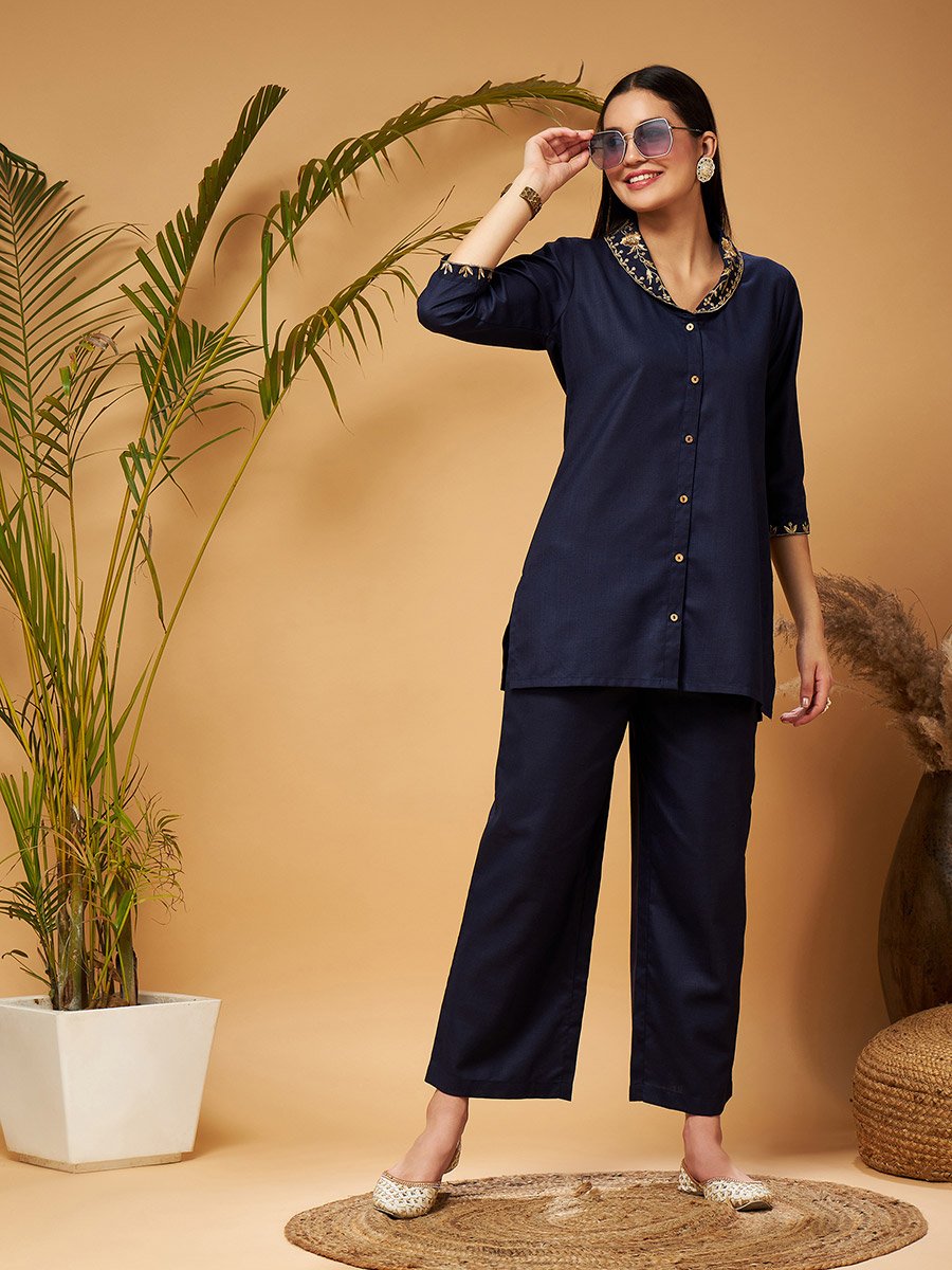 Zari Embroidered Shawl Collar Top and Palazzos Co-Ords