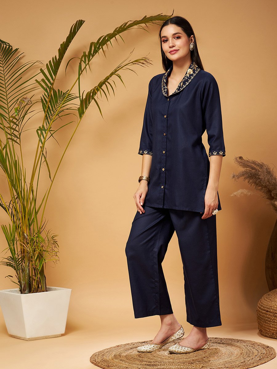 Zari Embroidered Shawl Collar Top and Palazzos Co-Ords