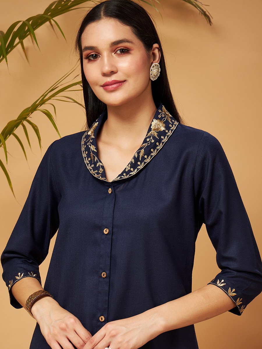 Zari Embroidered Shawl Collar Top and Palazzos Co-Ords